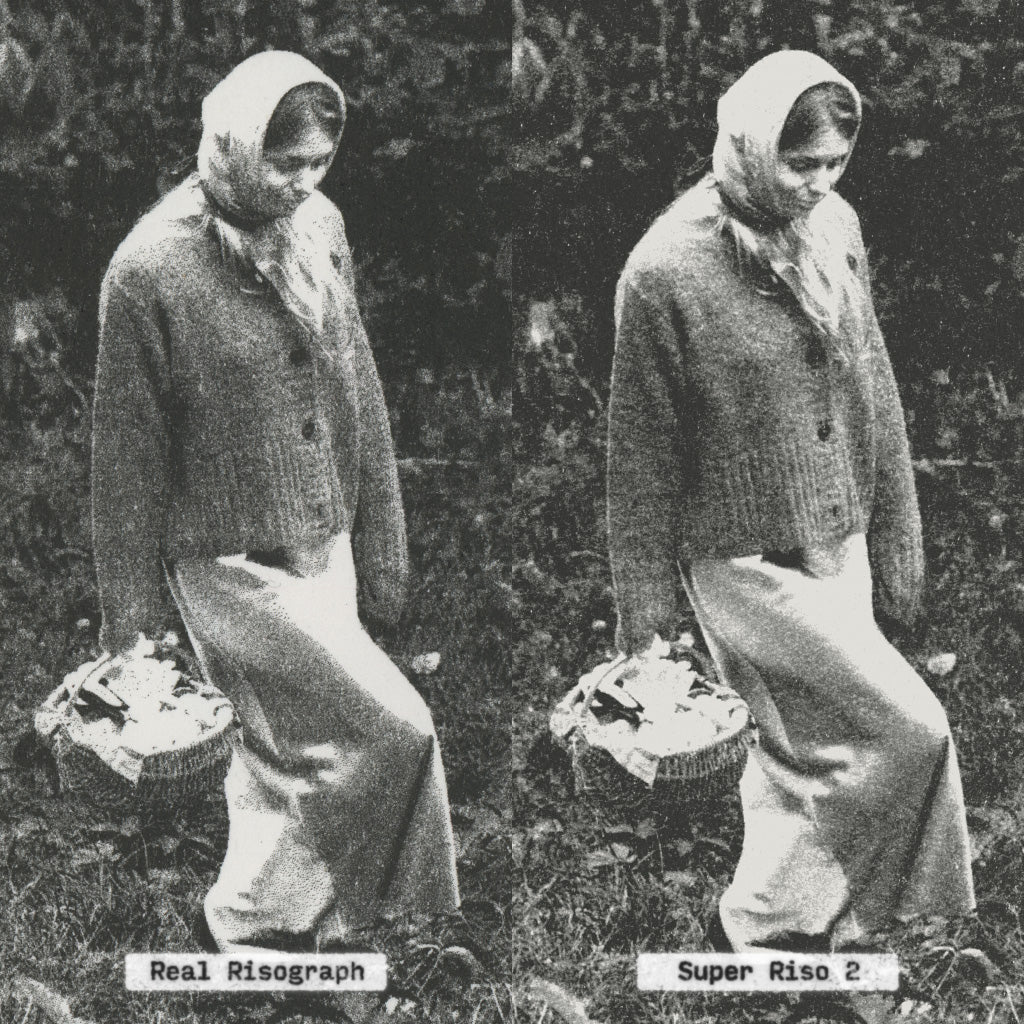 Two identical black and white images of a person with baskets labeled 'Real Risograph' and 'Super Riso 2'.